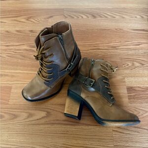 Women's Two-Tone Brown Lace-Up Heeled Ankle Boots